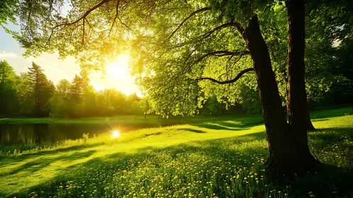 Sunlit meadow leans into the lake and whispers toward evening