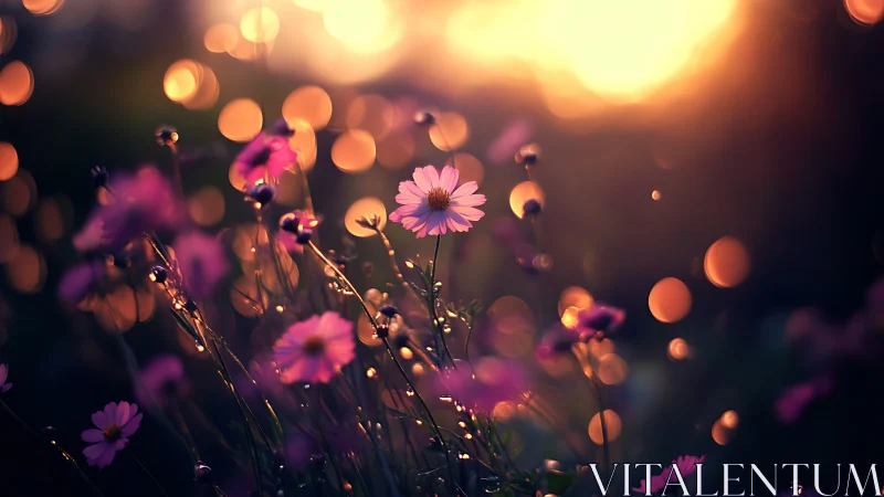 Pink Daisies Glowing in Golden Hour Bokeh.