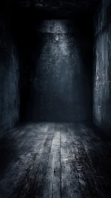 Narrow dark interior corridor with textured wood floor