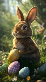 Brown rabbit with decorated eggs in sunlit forest setting.