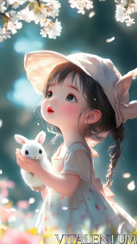 Springlit daydream girl cradling a bright-eyed bunny friend.