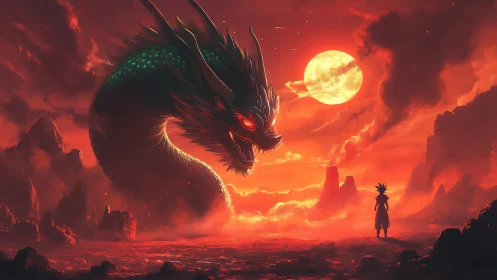Dragon and lone warrior in red moonlit volcanic landscape.