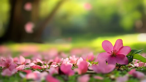 Pink Flowers Cascade Across Green Garden. Soft Focus Bloom.
