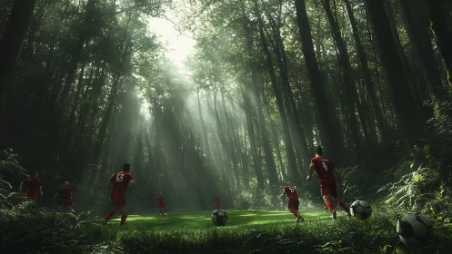 Forest canopy football field under volumetric sunlight beams.