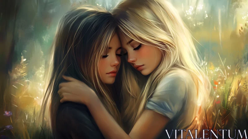 Two Girls Embracing in Sunlit Meadow.