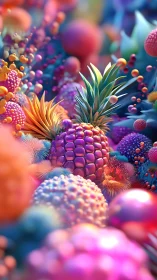 Hyperreal tropical fruit cluster with neon micro-textured forms