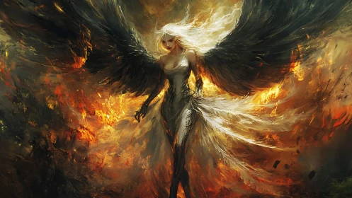 Winged female figure in fiery abstract environment.