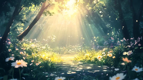 Sun-dappled forest path where wildflowers sip morning light.