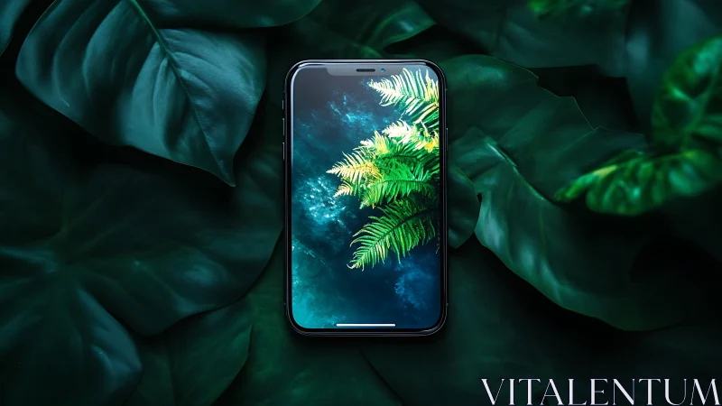 Smartphone display as luminous botanical viewport in foliage.