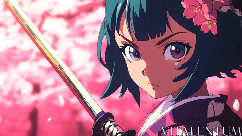 Cherry blossom blade dancer poised in petal-bright resolve.