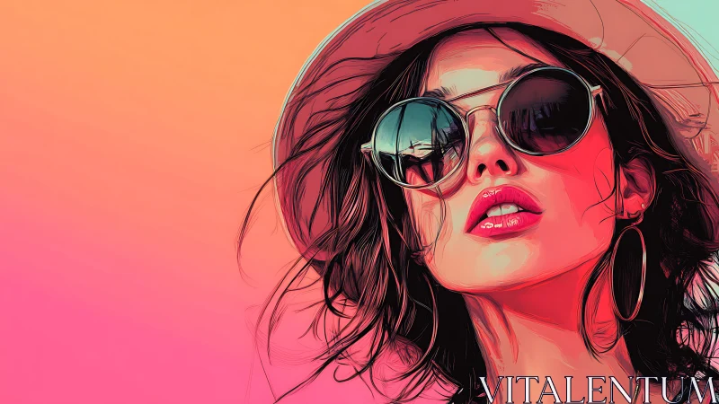 Bold digital portrait of woman in sunglasses and hat.