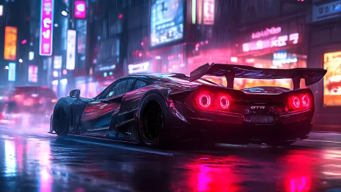 Low-angle view of modified sports car in neon city street.