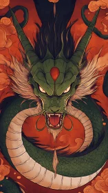 Majestic emerald dragon swirling through fiery orange clouds.