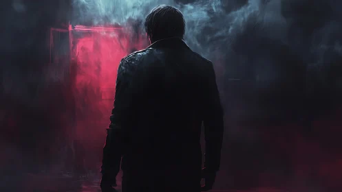 Solitary figure walks into neon fog and unknown danger