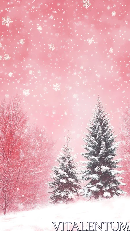 Soft pink winter snowfall wraps quiet pines in gentle magic