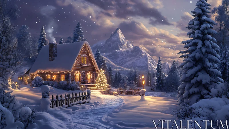 Snowbound alpine cabin glows against twilight mountain backdrop