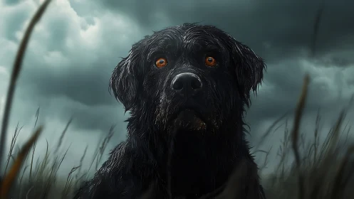 Wet black dog under stormy sky in tall field grass.