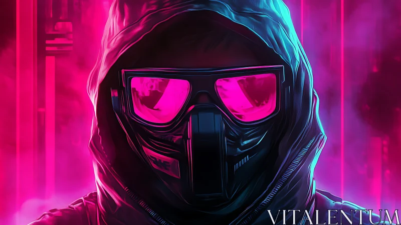 Neon masked wanderer in a glowing cyberpunk nightscape.
