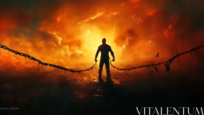 Lone figure walks into blazing light, leaving broken chains behind