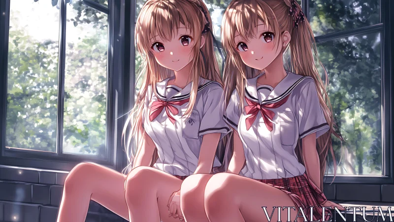 Symmetric twin schoolgirls under diffuse backlit window glow.