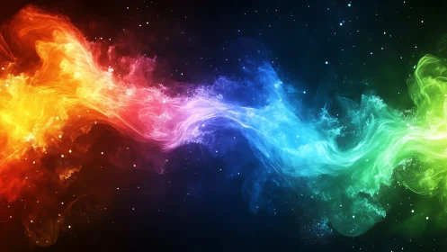 Flowing multicolor energy wave against dark space background.