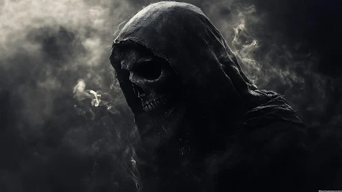 Hooded skeletal figure in dense swirling smoke environment.