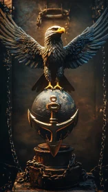 Eagle with spread wings on metallic globe anchor monument.
