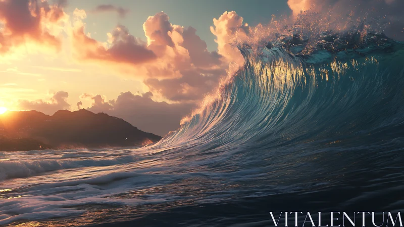 Cresting ocean wave catches low-angle sunset rim lighting