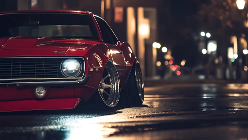 Midnight red classic cruising through soft city lights.