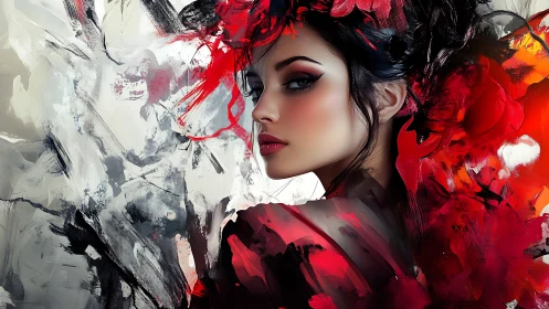 Crimson brushstrokes embrace a poised woman in bold color