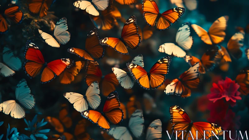Chromatic butterfly swarm in high-saturation floral bokeh field.