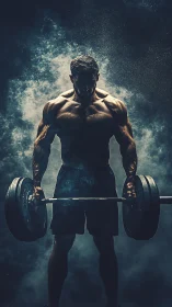 Muscular lifter holding barbell amid dramatic gym smoke.