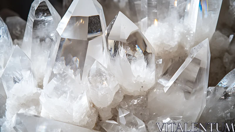 Cluster of clear quartz crystals catches bright reflected light.