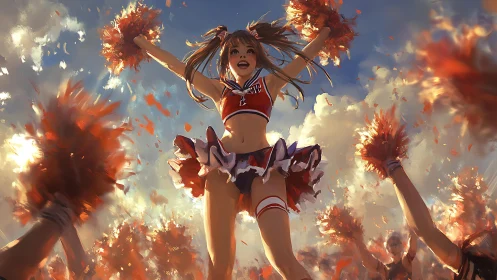 Skyward cheer captain in a storm of sunlit confetti.