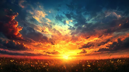 Fiery sunset ignites wildflower meadow beneath vast sky.