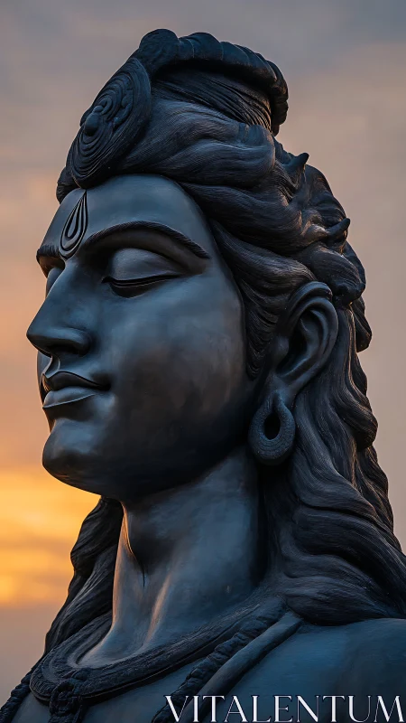 Profile view of large Shiva statue at sunset sky.
