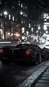 Black sports car on wet city street at night in profile view.