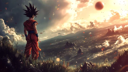 Saiyan guardian studies a stormlit valley beneath blazing skies.