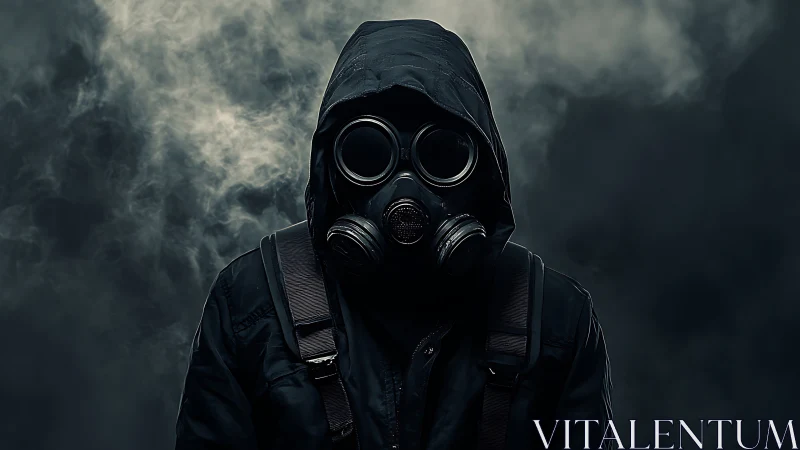 Photorealistic hooded survivor in industrial gas mask portrait.