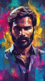 Vivid digital portrait of intense bearded man in neon hues.