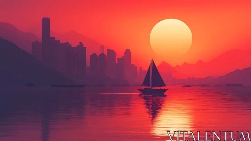 Sailboat glides across neon sunset skyline over calm bay.