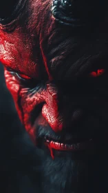 Close frontal view shows red horned humanoid face in shadow