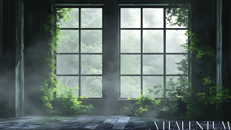 Overgrown factory windows opening onto misty green forest.