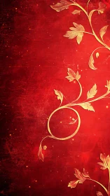 Golden floral vines swirl across a rich red backdrop