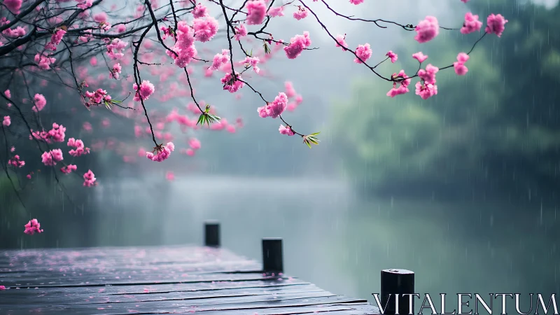 Pink Blossoms Weep Over Rainy Dock Dreams