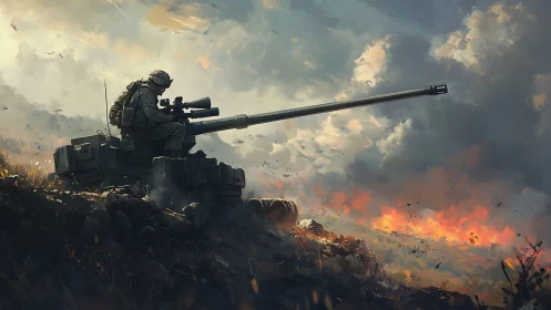 Lone tank gunner steadies aim above a burning battlefield.