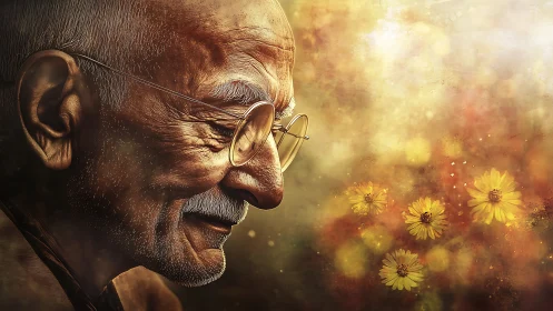 Elderly man smiles softly amid golden floral daydream