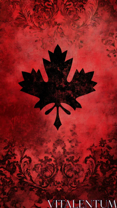 Black maple leaf silhouette on textured red backdrop.