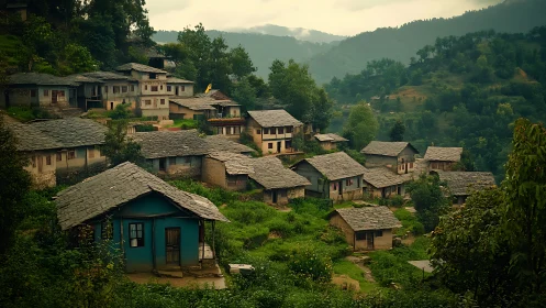 Quiet hillside village rests gently among misty green hills