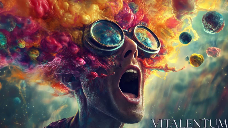Surreal goggles-clad figure erupts in cosmic color chaos